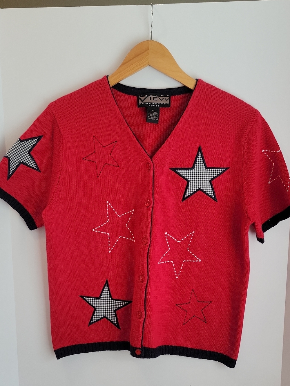Vintage Norton View McNaughton Petite Large Red Patriotic Stars Cardigan